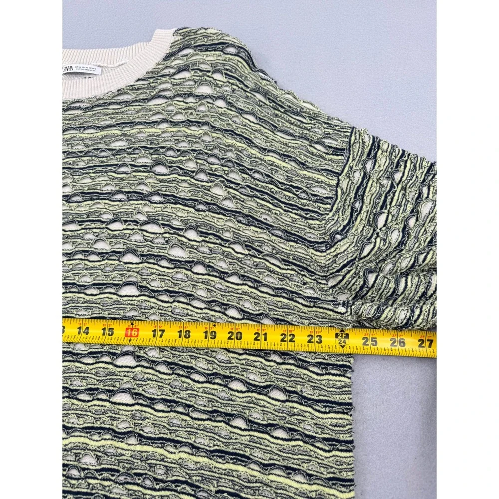Zara Man Open Knit Striped Sweater Mens XL Green/Black Distressed Mesh Indie